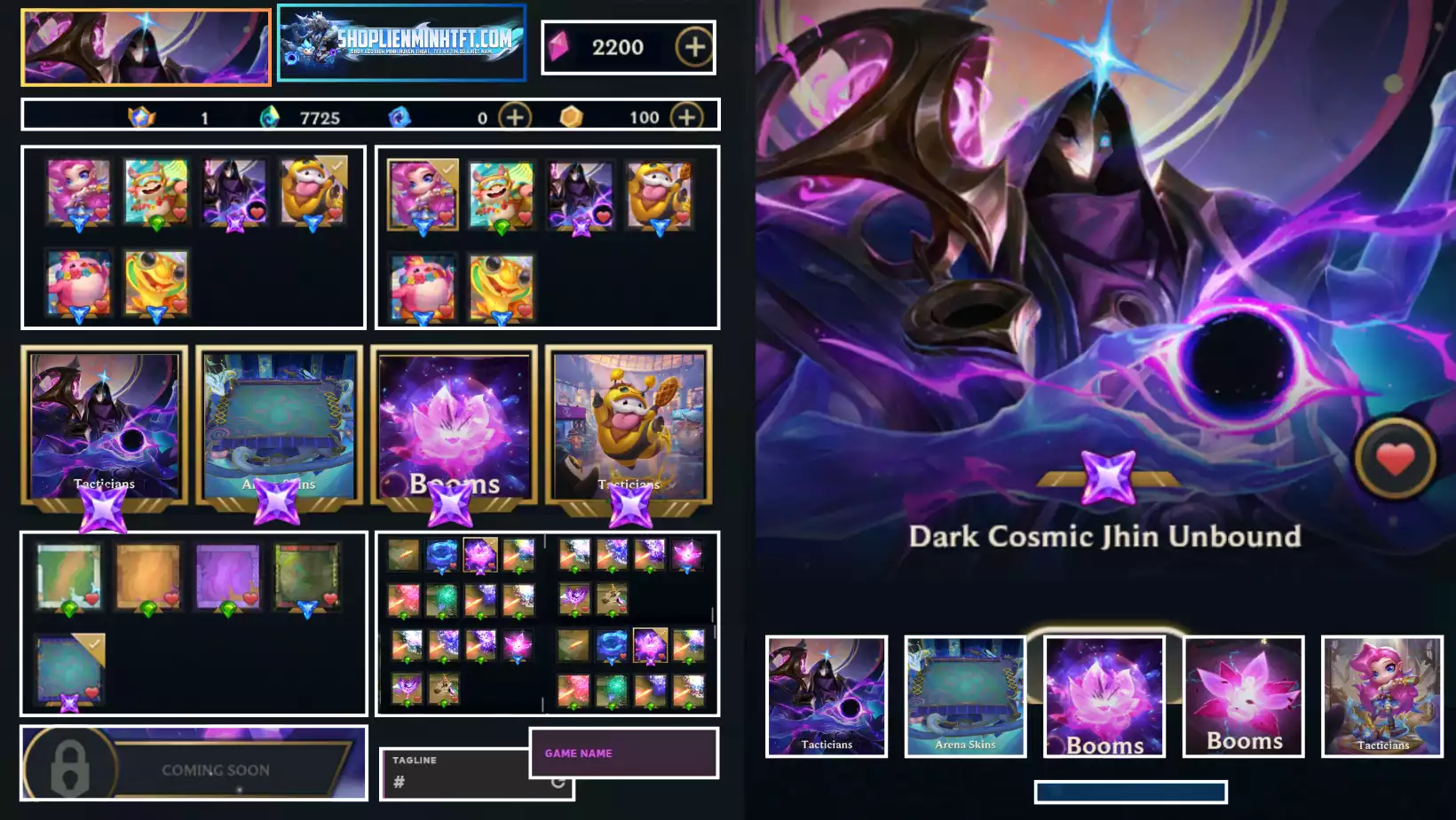 Combo Pet Sân Chưởng: Jhin Vũ Trụ Hắc Ám Đột Phá 💥 🎭 Chưởng Sân khấu tử thần – Vũ Trụ Hắc Ám  Hiệu ứng đặc biệt, phối hợp hoàn hảo với trang phục Jhin Vũ Trụ Hắc Ám. 🐍 Sân: Linh Xà Thần Vực Hiệu ứng nền sân ấn tượng, tông màu vũ trụ – huyền ảo, tương thích chưởng và pet. 🌀 Pet: Jhin Vũ Trụ Hắc Ám Đột Phá Pet phiên bản nâng cấp mạnh mẽ, hiệu ứng kỹ năng đặc sắc, cực kỳ hiếm và chất lượng cao. ⸻